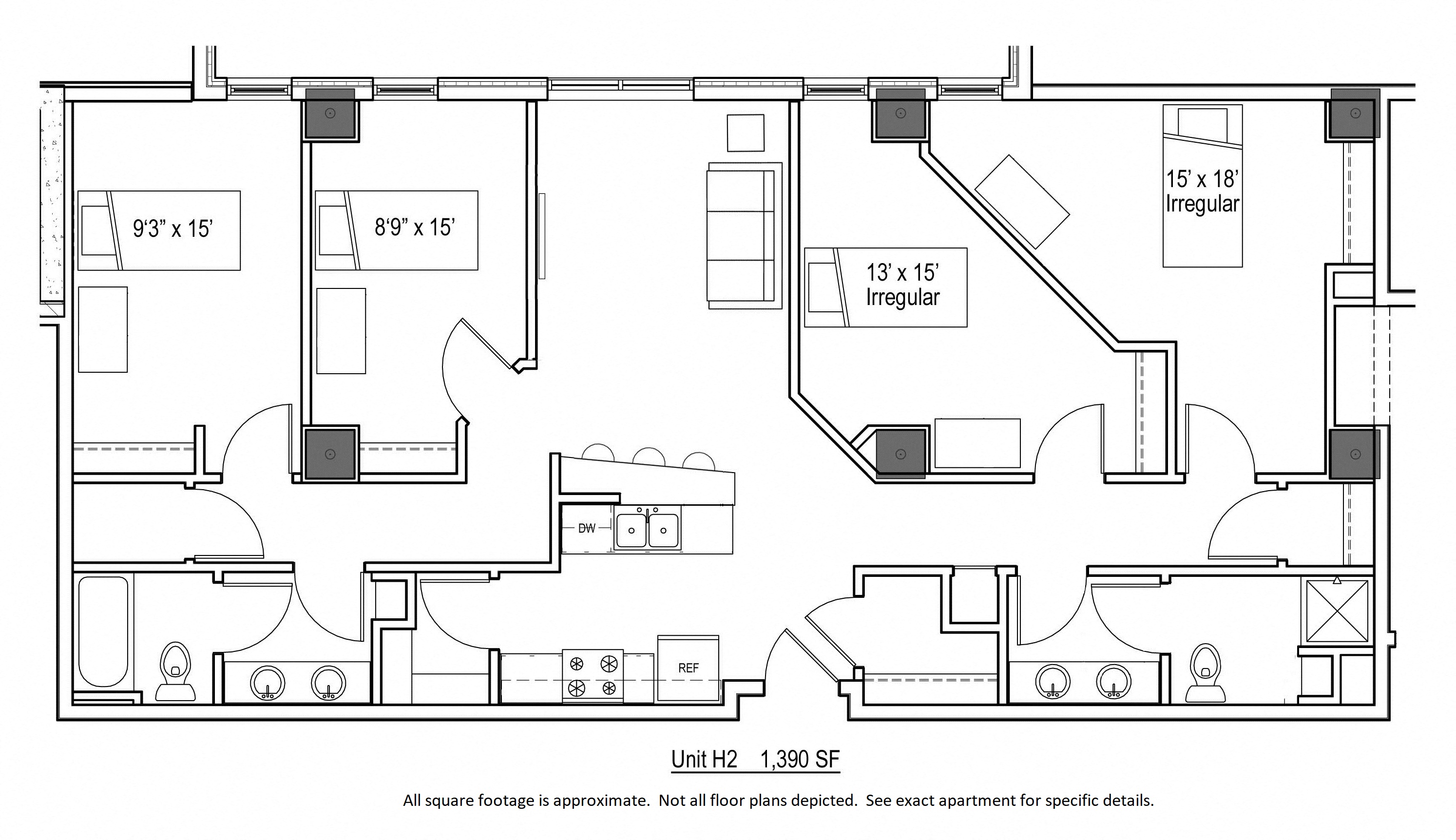 Floor plan for 4 beds, 2 baths, 1390 sqft